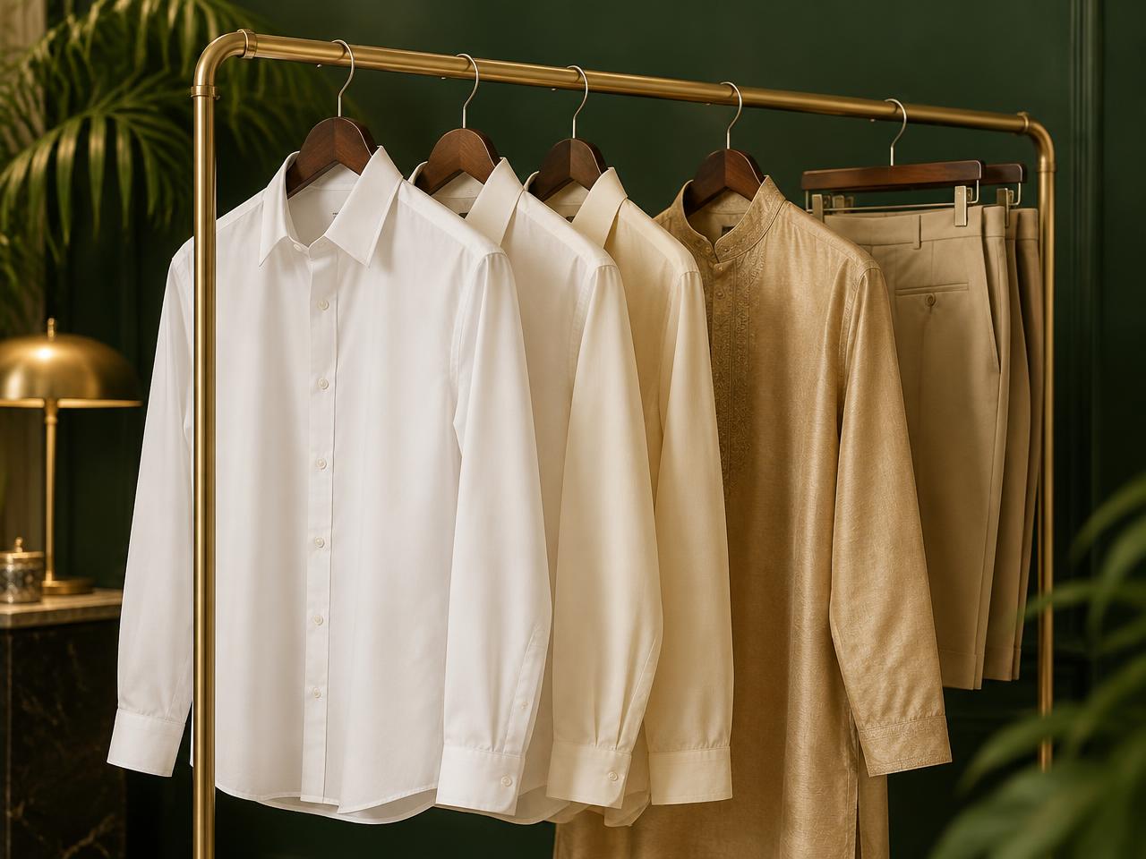 Freshly pressed shirts, kurtas and trousers hanging on a gold hanger rail against a deep green wall